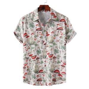 Hawaiian Shirt for Men with Red Mushroom Print - Summer Fashion Shirt for Nature Lovers