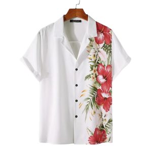 White Hawaiian Shirt for Men with Red Hibiscus Floral Print - Tropical Summer Shirt