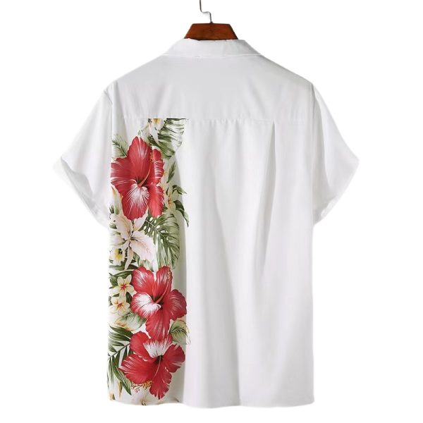 White Hawaiian Shirt for Men with Red Hibiscus Floral Print - Tropical Summer Shirt - Image 2