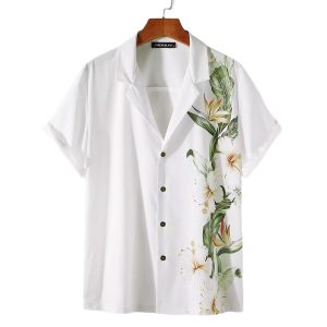 White Hawaiian Shirt for Men with Yellow and Green Floral Print - Tropical Summer Shirt