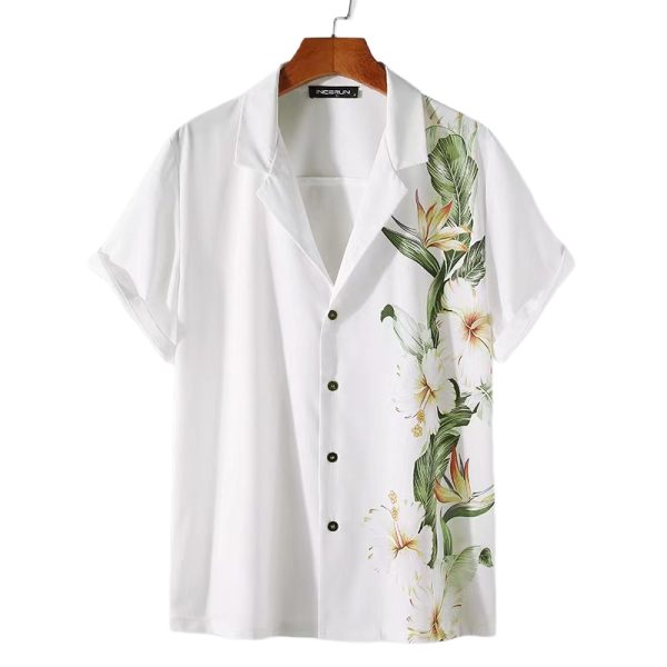 White Hawaiian Shirt for Men with Yellow and Green Floral Print - Tropical Summer Shirt