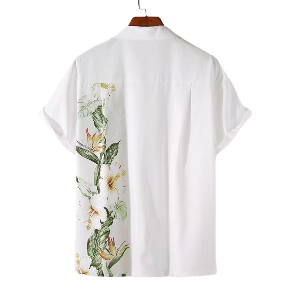 White Hawaiian Shirt for Men with Yellow and Green Floral Print - Tropical Summer Shirt - Image 2