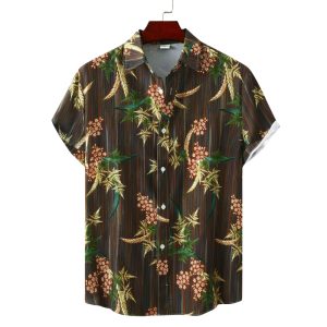 Brown Hawaiian Shirt for Men with Floral and Stripe Design - Casual Summer Shirt