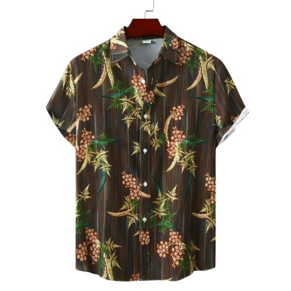 Brown Hawaiian Shirt for Men with Floral and Stripe Design - Casual Summer Shirt