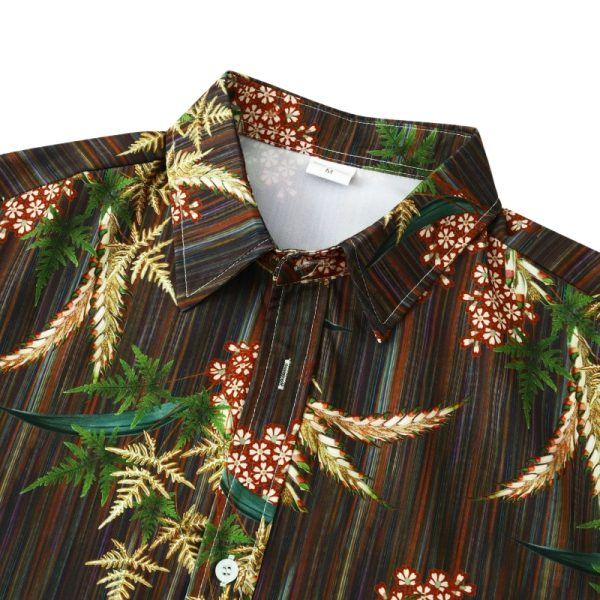 Brown Hawaiian Shirt for Men with Floral and Stripe Design - Casual Summer Shirt - Image 2