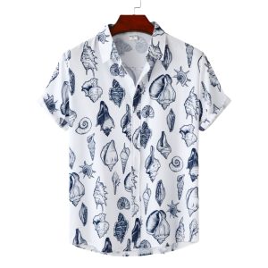 White Hawaiian Shirt for Men with Seashell Print - Summer Beach Shirt