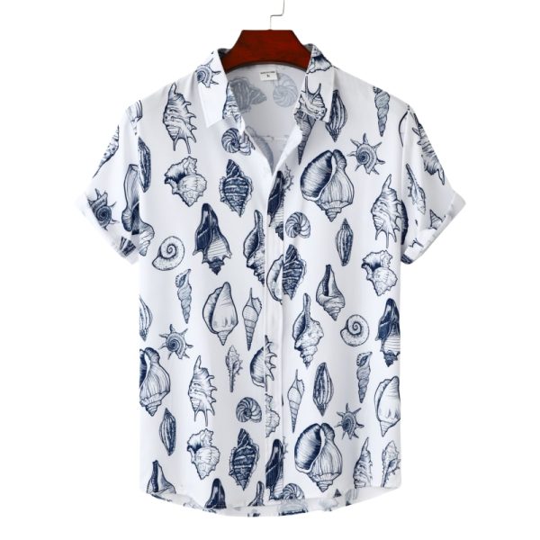 White Hawaiian Shirt for Men with Seashell Print - Summer Beach Shirt
