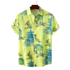 Yellow Hawaiian Shirt for Men with Temple and Crane Print - Asian-Inspired Summer Shirt