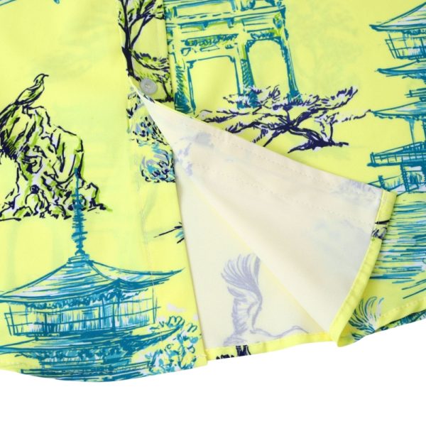Yellow Hawaiian Shirt for Men with Temple and Crane Print - Asian-Inspired Summer Shirt - Image 2
