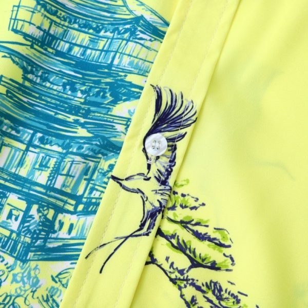 Yellow Hawaiian Shirt for Men with Temple and Crane Print - Asian-Inspired Summer Shirt - Image 3