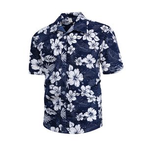 Navy Hawaiian Shirt for Men with White Floral Print - Summer Casual Shirt