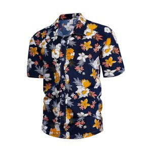 Navy Hawaiian Shirt for Men with Multi-color Floral Print - Summer Casual Shirt