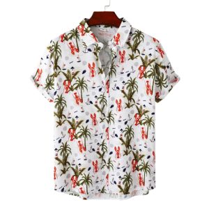 Lobster and Palm Tree Hawaiian Shirt for Men - Summer Beach Shirt with Nautical Print