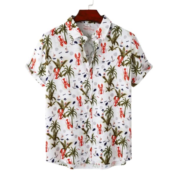 Lobster and Palm Tree Hawaiian Shirt for Men - Summer Beach Shirt with Nautical Print