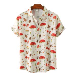 Mushroom and Pinecone Hawaiian Shirt for Men - Fun Summer Shirt with Nature-Inspired Print