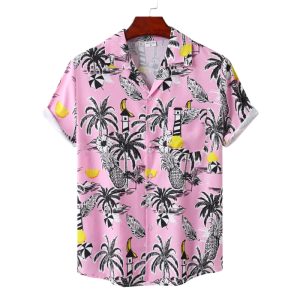 Tropical Pink Hawaiian Shirt for Men - Palm Trees and Pineapple Print with Lighthouse Details