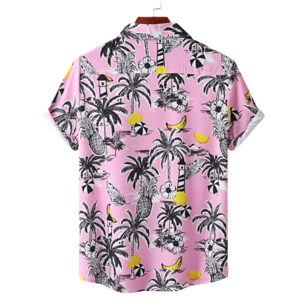 Tropical Pink Hawaiian Shirt for Men - Palm Trees and Pineapple Print with Lighthouse Details - Image 2