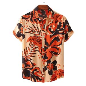 Bold Floral Hawaiian Shirt for Men - Orange & Black Tropical Design