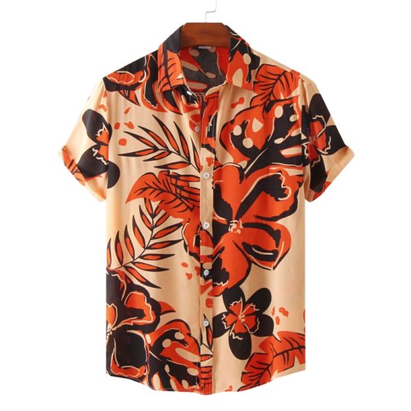 Bold Floral Hawaiian Shirt for Men - Orange & Black Tropical Design