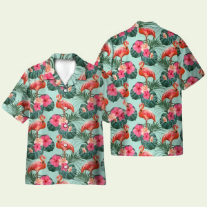 Flamingo Beautiful Floral Hawaiian Shirt for Men - Tropical Hibiscus & Flamingo Design, Perfect for Summer Vacations