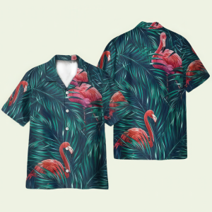 Flamingo in Tropical Green Leaves Hawaiian Shirt for Men ? Bold Hibiscus Design & Tropical Island Style