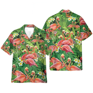 Flamingo in Tropical Green Leaves Funny Hawaiian Shirt for Men ? Bold Hibiscus Design, Perfect for Summer & Vacation Fun