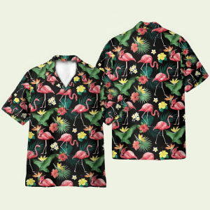 Flamingo Hibiscus Tropical Leaves Pattern Hawaiian Shirt for Men ? Bold Tropical Design, Perfect for Summer & Vacation