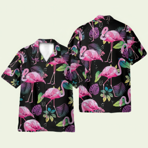 Flamingo Tropical Leaf Summer Hawaiian Shirt for Men ? Bold Hibiscus & Flamingo Design, Perfect for Vacation