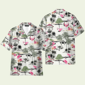 Flamingo Yoga Summer Tropical Pattern Hawaiian Shirt for Men ? Bold Hibiscus Design & Relaxed Vacation Style