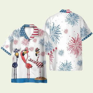 4th July America Flamingo Hawaiian Shirt for Men ? USA Patriotic Design & Independence Day Style