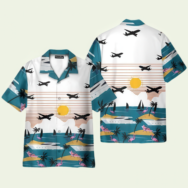 Summer Beach Flamingo and Planes Hawaiian Shirt for Men ? Tropical Design & Fun Vacation Style