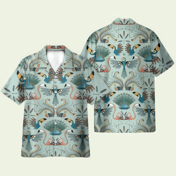 Flamingo Multi-Bird Pattern Hawaiian Shirt for Men ? Tropical Floral Design & Summer Beach Style