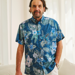 Hawaiian Shirt for Men - Green Short Sleeve Button-Down Aloha Shirt with Tranquil Blue Blossoms