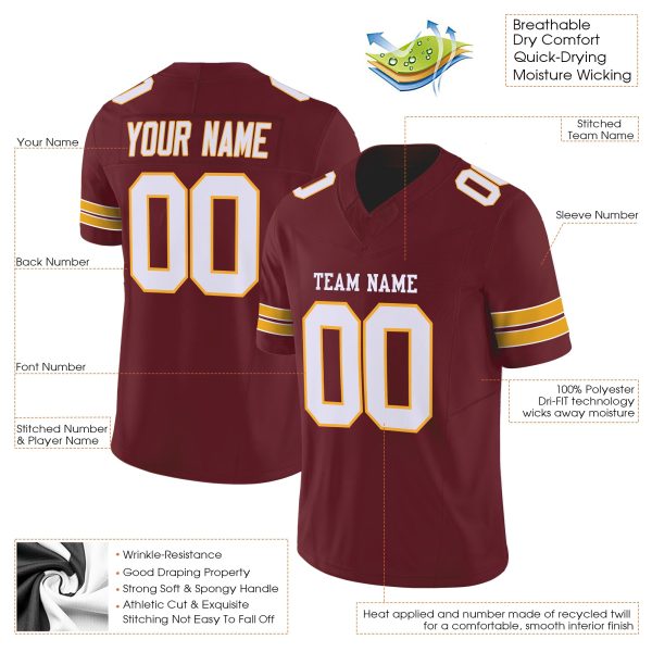 Burgundy White-Gold Authentic Personalized Football Jersey - Image 2