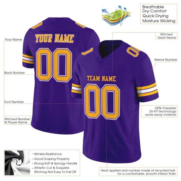 Purple Gold-White Authentic Personalized Football Jersey - Image 2