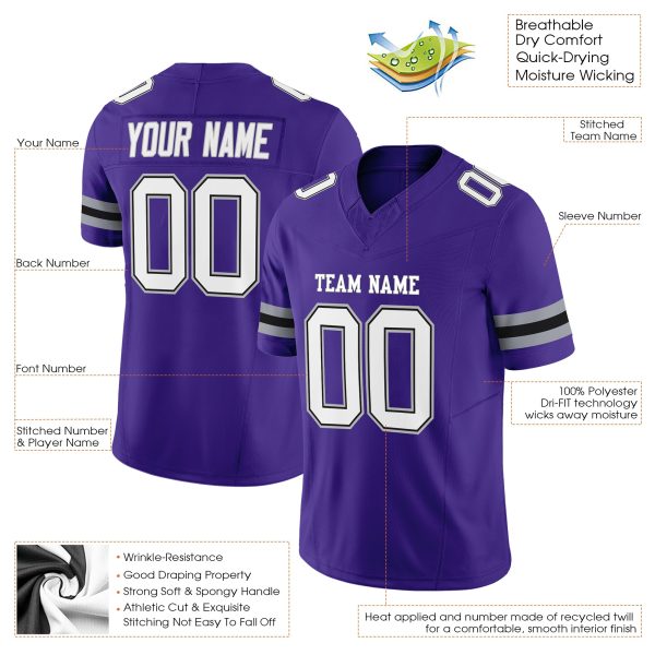 Purple White-Gray Authentic Personalized Football Jersey - Image 2