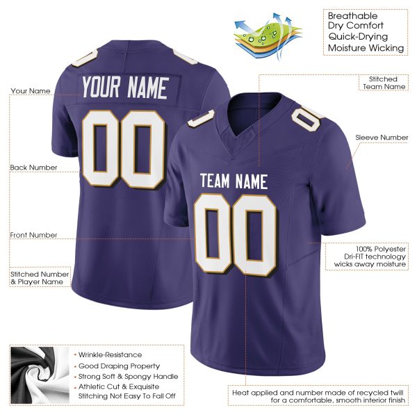 Purple White-Gold Authentic Personalized Football Jersey - Image 2