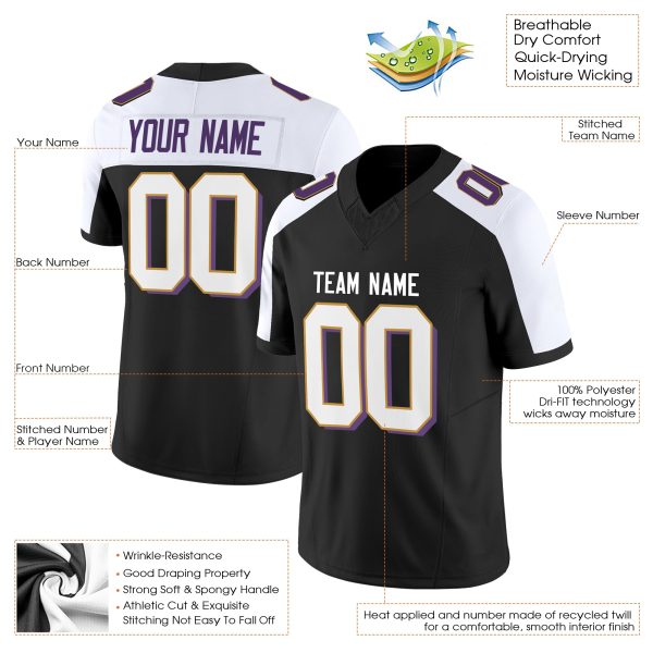 Black Alternate White-Gold Authentic Personalized Football Jersey - Image 2
