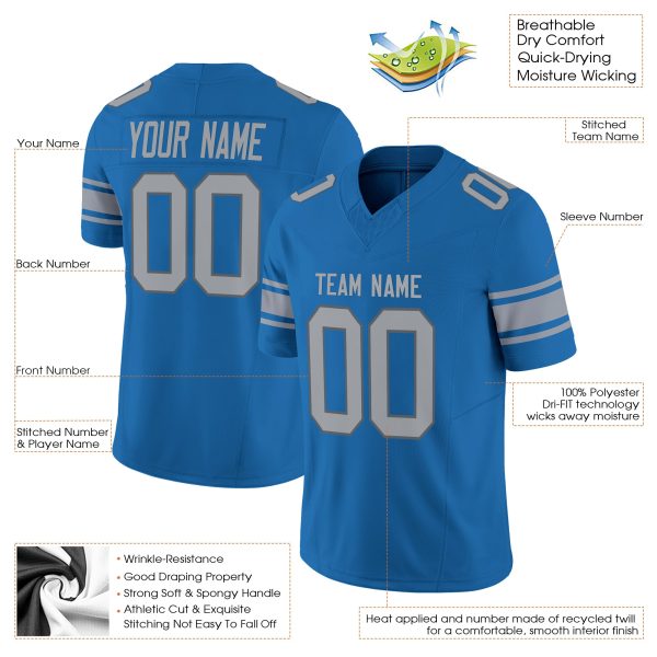 Blue Gray Authentic Personalized Football Jersey - Image 2