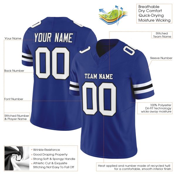 Royal White-Black Authentic Personalized Football Jersey - Image 2