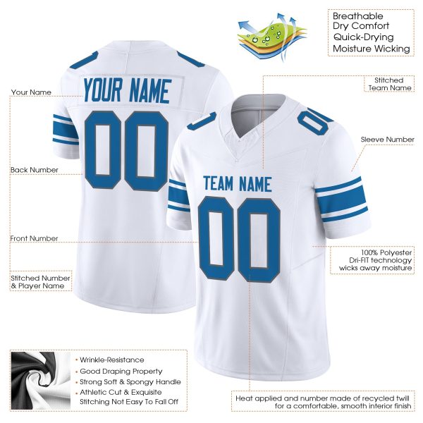 White Blue-Gray Authentic Personalized Football Jersey - Image 2