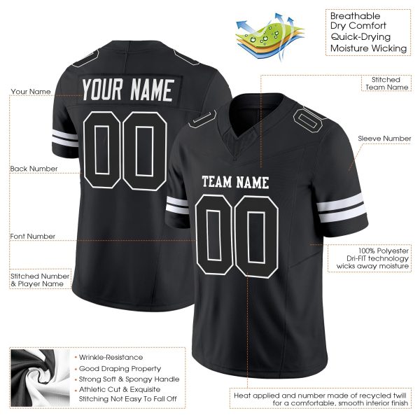 Black Black-White Authentic Personalized Football Jersey - Image 2