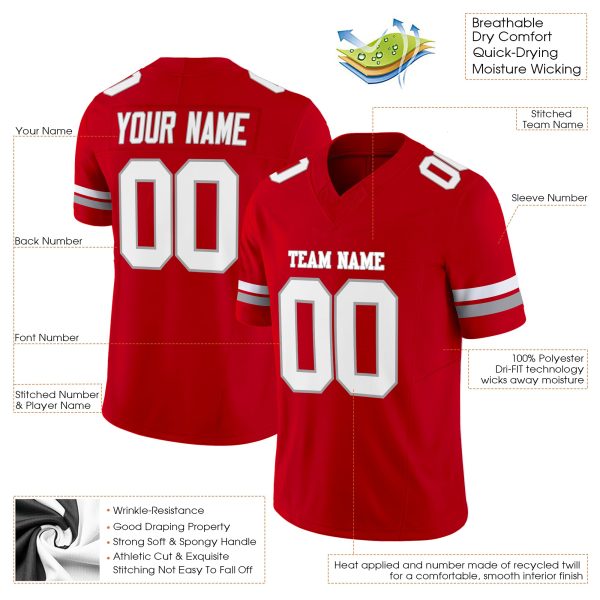 Red White-Gray Authentic Personalized Football Jersey - Image 2