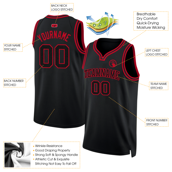 Black Black - Red Custom Throwback Basketball Jersey - Image 2