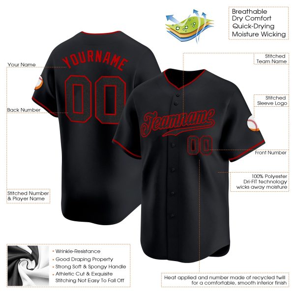 Black Black - Red Personalized Baseball Jersey - Image 3