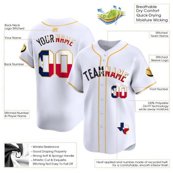 White Gold Texas Flag Personalized Baseball Jersey - Image 3