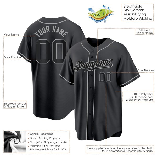 Black Black-Gray Authentic Personalized Baseball Jersey - Image 2