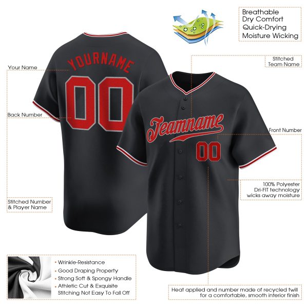 Black Red - Gray Personalized Baseball Jersey - Image 3