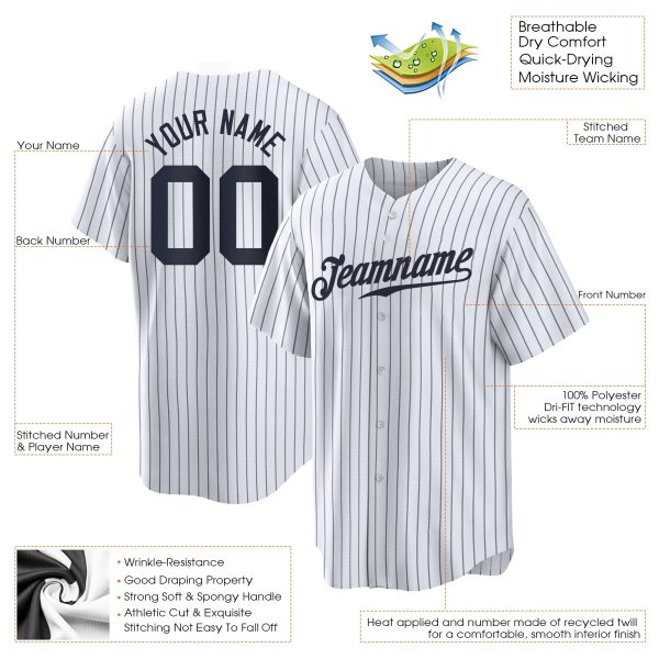 White Navy Pinstripe Navy Authentic Personalized Baseball Jersey - Image 2