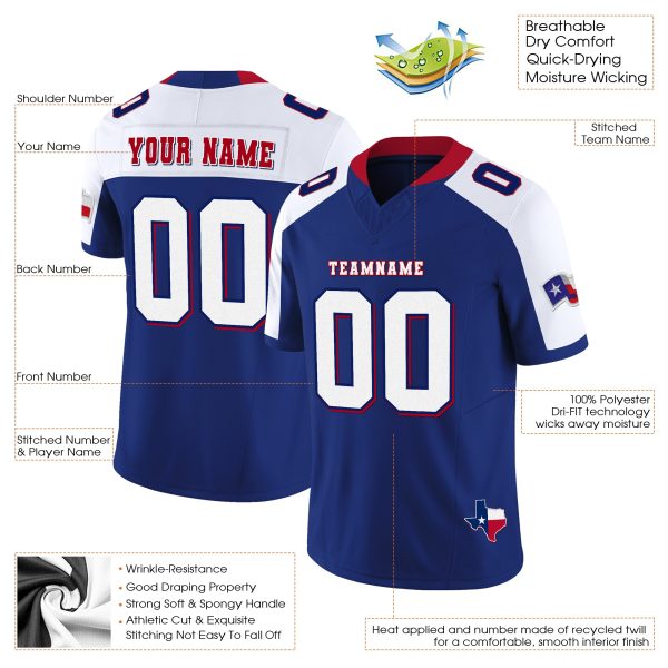 Royal Alternate White Texas Flag - Personalized Football Jersey - Image 3